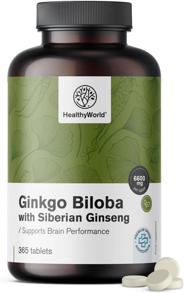 Detalle de HealthyWorld Ginkgo Biloba mit sibirischem Ginseng (6.600 mg) – 365 Tabletten für die tägliche kognitive Unterstützung