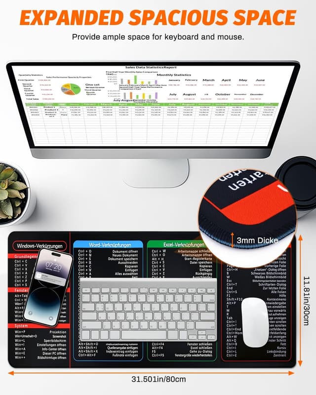 Detalle 2 de 80x30 cm Excel Pad Deutsch & Excel Mauspad Deutsch – Schreibtischunterlage mit Handgelenkstütze für Home Office, Büro & Lernen