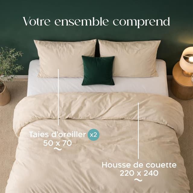Detalle 2 de Parure de lit Twinzen en microfibre 240x220 cm beige avec 2 taies 50x70 cm (Oeko-Tex)