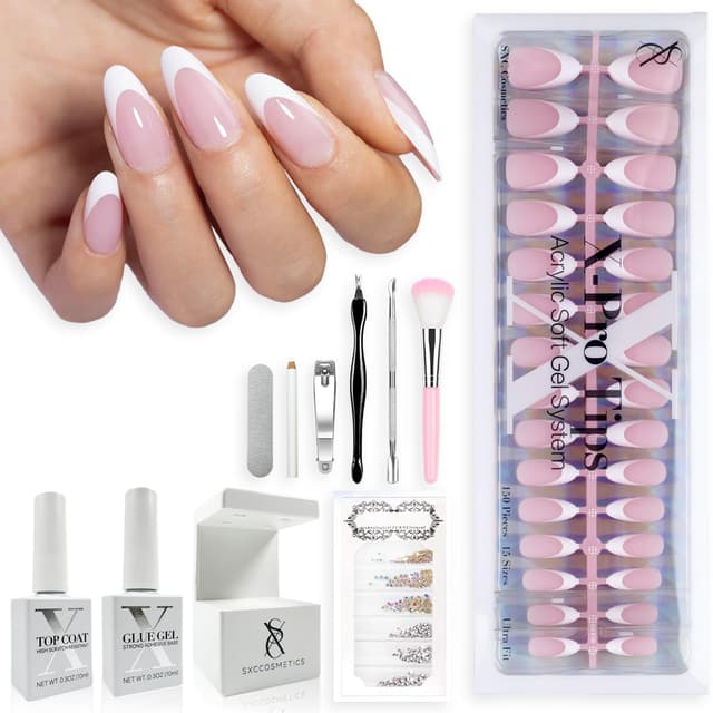 Detalle de SXC Cosmetics French Tip Press On Nails Pink Series — Medium Almond X-Pro Tips Starter Kit