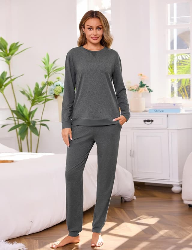 Detalle de Ensemble de pyjama femme Marvmys en coton 95% : manches longues d’hiver, col rond et poches (S à 3XL)