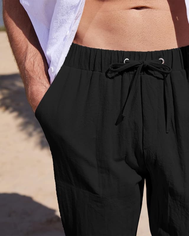 Detalle de YAOHUOLE Men’s Linen Trousers – Lightweight straight-leg yoga style with elasticated waist
