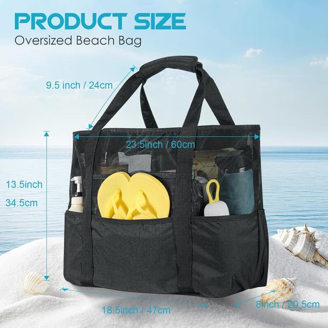 Detalle 2 de XXL Strandtasche für Damen: Strandtasche XXL Familie mit Reißverschluss, 9 Fächer (ca. 35 Liter), 47×20,5×34,5 cm