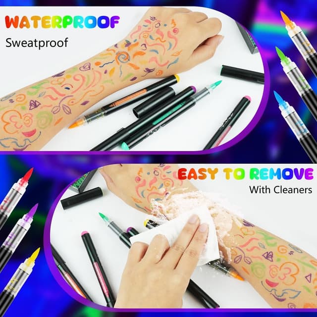 Detalle de Alaoo Penne Glitter Neon UV per Tatuaggi Temporanei Bambini (10 pezzi) con 4 stencil