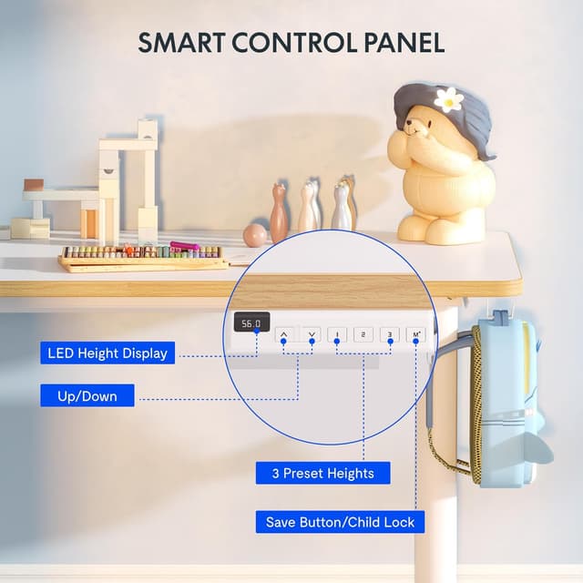 Detalle de FLEXISPOT Kinderschreibtisch elektrisch höhenverstellbar mit LED-Höhenanzeige, 3 Speicherplätzen und Kindersicherung