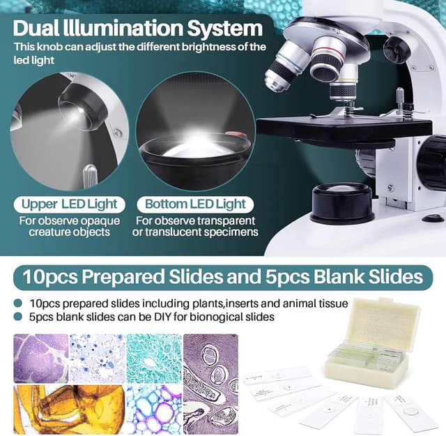 Detalle 2 de MAXLAPTER microscopio binoculare composto 40X–1000X per adulti e bambini, doppio LED e kit scuola