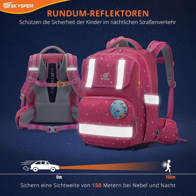 Detalle 2 de SKYSPER Schulranzen-Set 5-teilig mit ergonomischem Tragesystem, 16L und 360° Reflektorstreifen