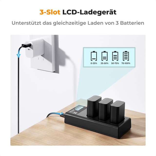 Detalle de K&F CONCEPT NP-FW50 1100 mAh Akku-Set (3er-Pack) + 3-Slot-Dreifach-Ladegerät mit LCD für Sony-Kameras