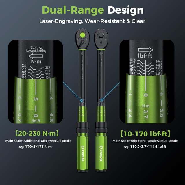 Detalle de ETOOLAB 1/2" Click Torque Wrench Dual-Range 20–230Nm (±3%) with 3-piece set