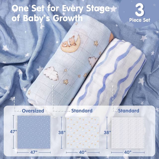 Detalle de hahaland Mussole Neonato in cotone e bambù naturale set da 3 pezzi (120x120 cm + 2×100x95 cm)