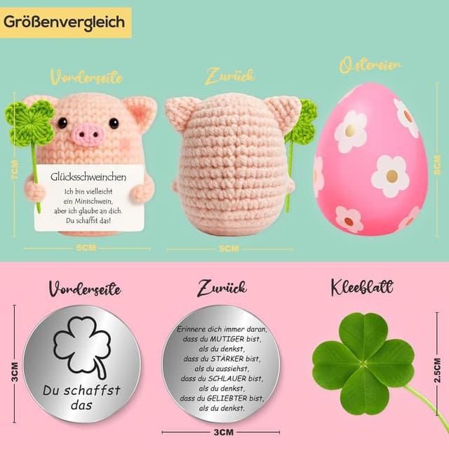 Detalle de Tixlux Pocket Hug Glücksschweinchen Figur mit Glücksklee und Glücksbringer (Silber III)