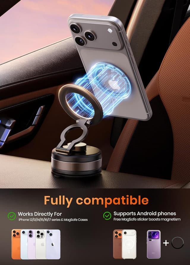 Detalle de PKBD Vakuum magnetische Handyhalterung fürs Auto mit 360° Drehung und 2500 gf Magnetkraft (Magsafe) – schwarz