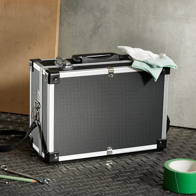 Detalle de Perel valigetta porta attrezzi in alluminio nero con serratura a chiave e tracolla