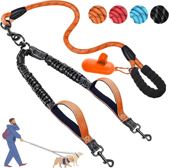 Detalle de Blanlody double dog lead with bungee no-tangle swivel, reflective split lead and padded handles
