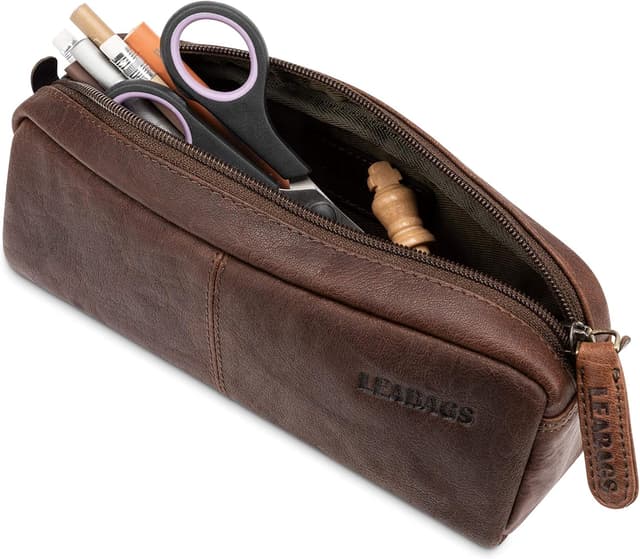 Detalle de LEABAGS Leder-Federmäppchen (Großes Echtleder) Umber – Stiftetui & Stiftmappe für Schule, Beruf und Uni