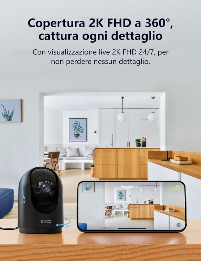 Detalle de GNCC Telecamera WiFi Interno 2K con visione notturna, 360° e audio bidirezionale (2.4 GHz) – per casa, bambini e animali
