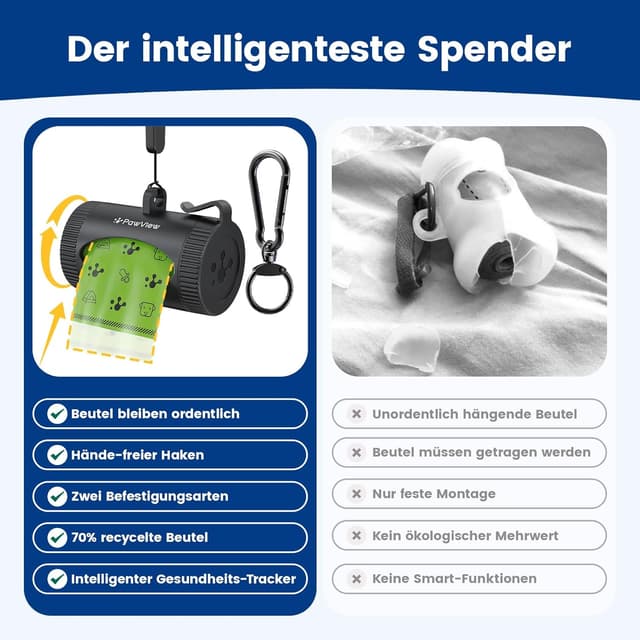 Detalle de PawView aufrollbarer Hundekotbeutelspender mit NFC, für Leine & Gürtel – 7 Rollens (105 Stück), extra stark, schwarz