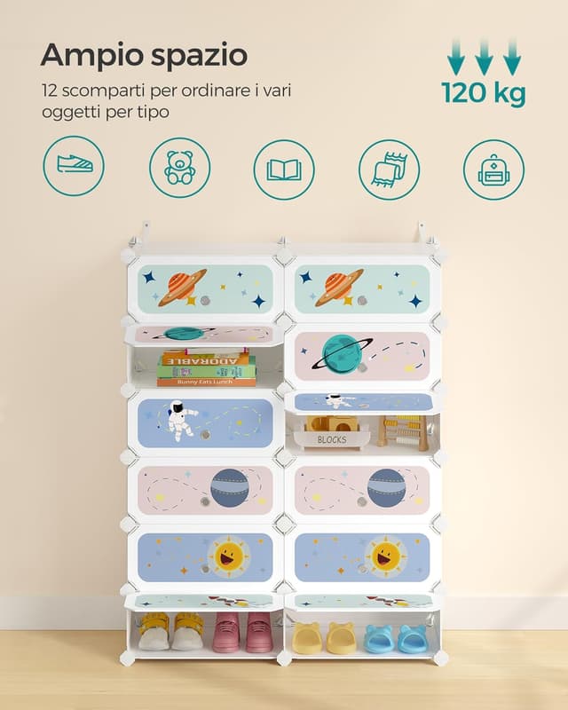 Thumbnail 6 de SONGMICS Scarpiera a 12 scomparti per bambini con ante e motivi stellari LPC907W01, 31 x 81 x 106 cm