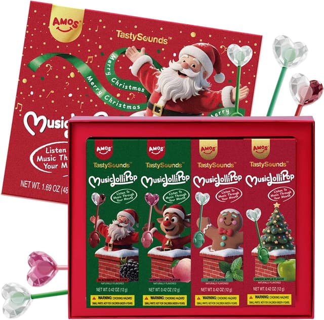Detalle de AMOS Sucette Musicale Mûre & Pêche & Menthe & Pomme – coffret de 4 bonbons audio, Noël, sans sucre