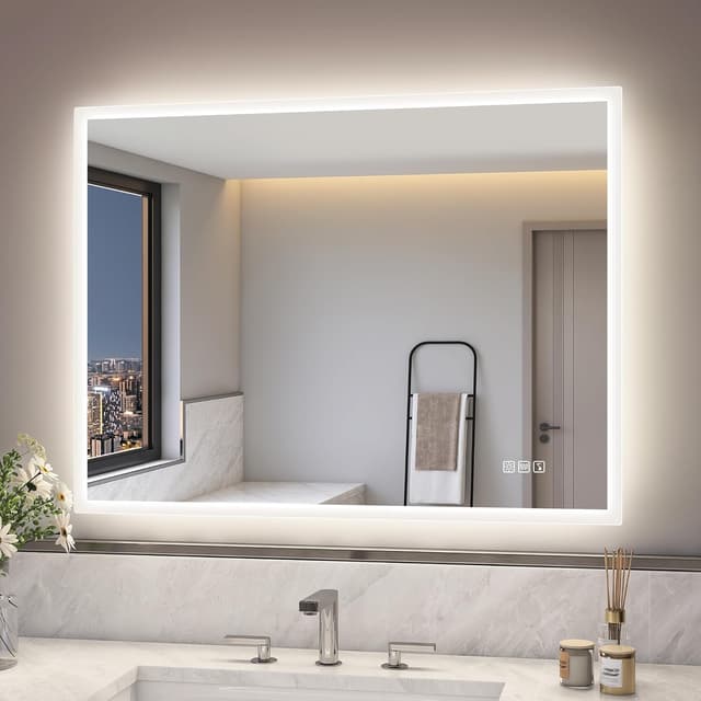 Detalle de S’bagno LED-Badezimmer-Spiegel mit Beleuchtung 80x60 cm – Bluetooth, Antibeschlag, dimmbar & IP44