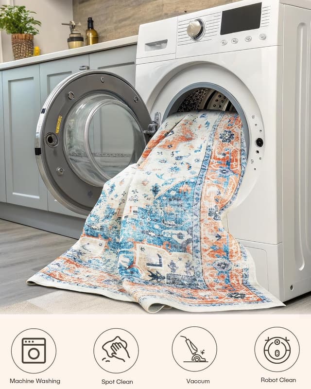 Thumbnail 6 de XSIVOD Blue Area Rug 240 x 300 cm – washable non-slip vintage-style low pile for living room, bedroom & dining room