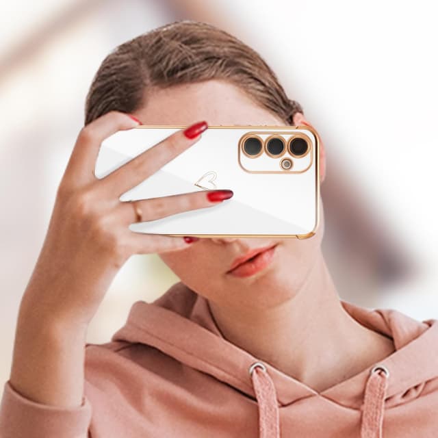 Detalle 2 de ZTOFERA Handyhülle für Samsung Galaxy S24 5G (6,2 Zoll) – Silikon Case mit Herz & goldfarbenem Rand, stoßfest (weiß)