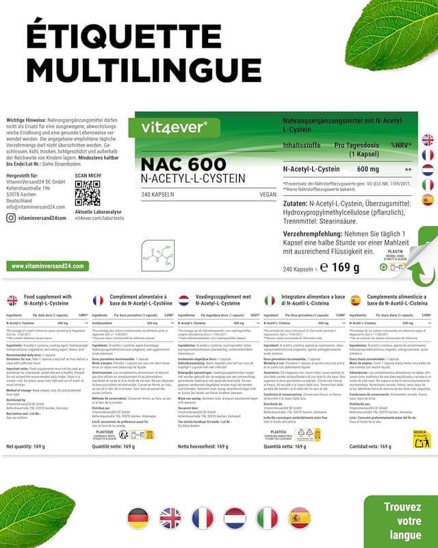 Thumbnail 6 de Vit4ever Vit4ever NAC (N-acétyl L-cystéine) 240 gélules de 600 mg – Végan, réserve 8 mois