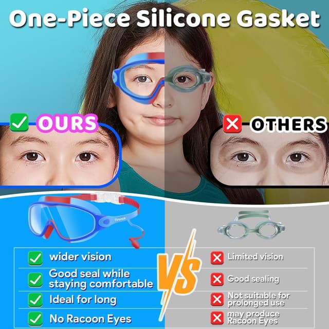 Detalle de Vvinca Kids Swimming Goggles (2 Pack) with Built-in Earplugs, Nose Clip & Anti-Fog UV Protection for Ages 3–15