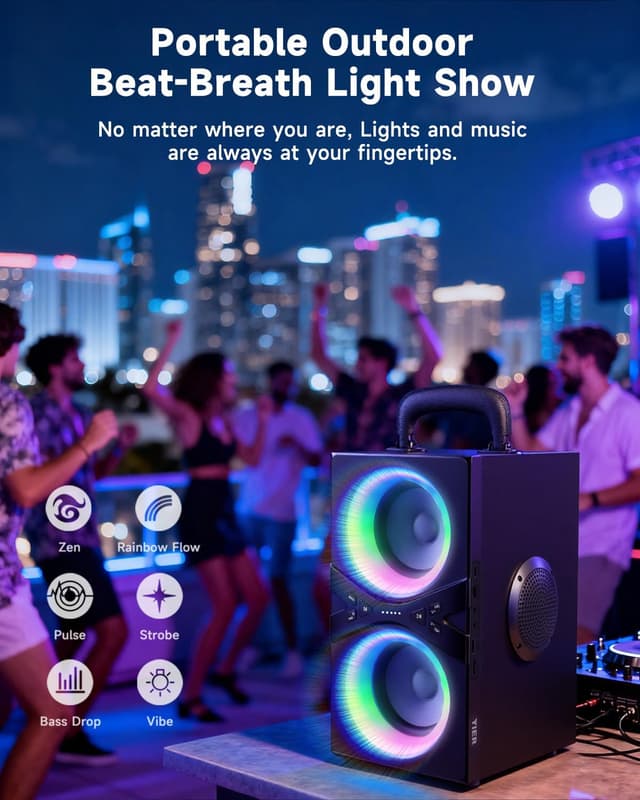 Detalle 2 de YIER Party Bluetooth Speaker with 80W Peak Power, TWS, RGB Lights, and Long Playtime