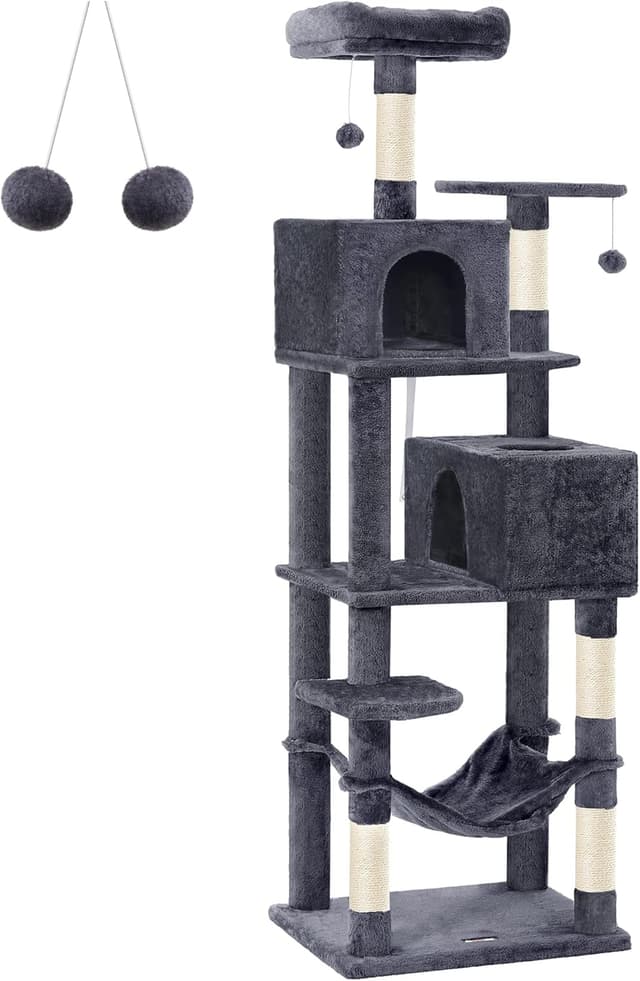 Detalle de Feandrea Arbre à chat 191 cm PCT191G01 : tour de jeux gris foncé avec hamac et 5 poteaux à griffer