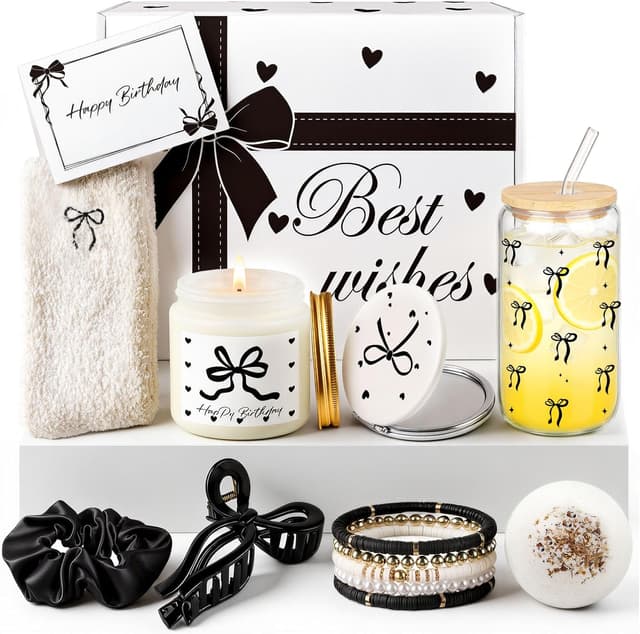Detalle de Giftota Geburtstagsgeschenk-Set für Frauen in schwarzer Schleifen-Geschenkbox mit Duftkerze, Badebombe und Beauty-Accessoires