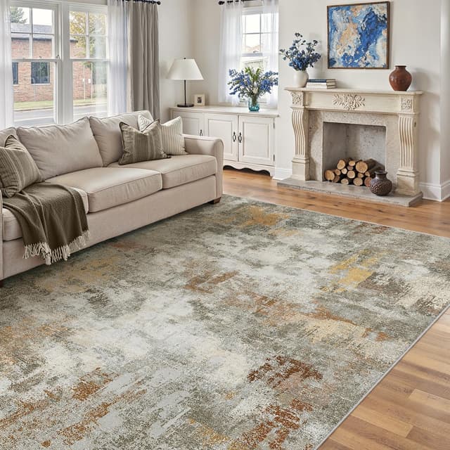 Detalle de PureCozy Abstraktes Wohnzimmer-Teppich-Set 240 x 300 cm (Vintage, waschbar, rutschfest, Orange-Grau)