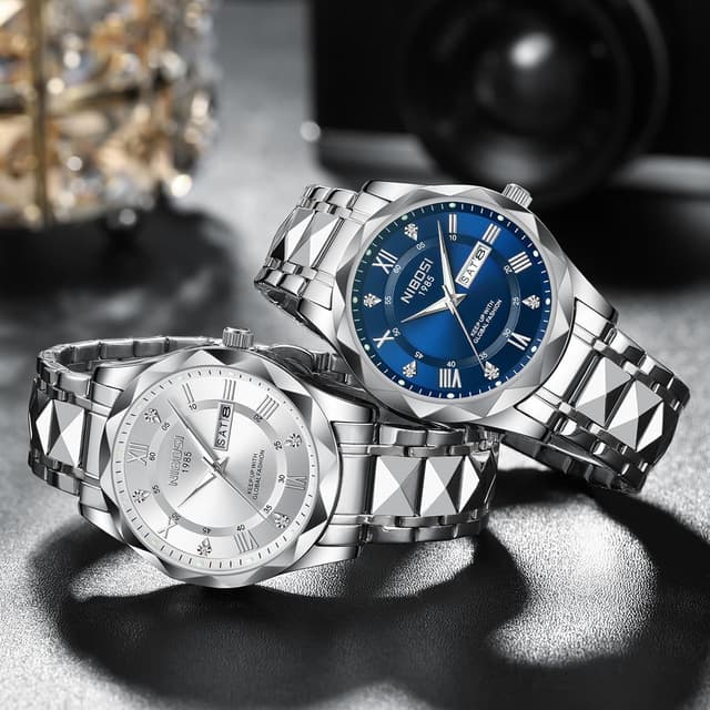 Detalle 1 de NIBOSI Orologio da polso da uomo analogico al quarzo in acciaio inox impermeabile 3 ATM, business e casual