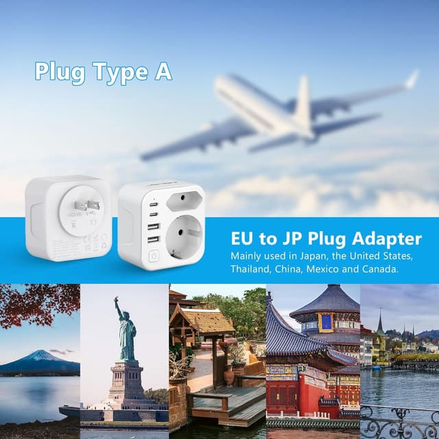 Detalle de Adattatore di viaggio internazionale JSVER 6 in 1 con 2 USB-C e 2 USB-A (tipo A) per Giappone, USA, Canada e altro