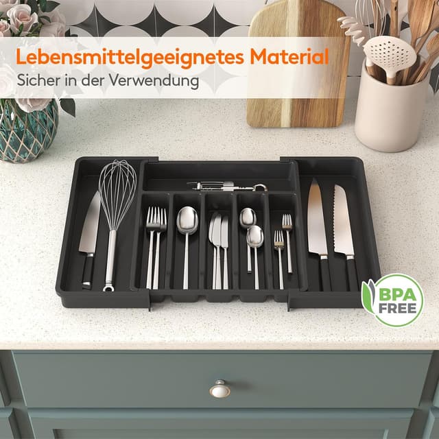 Detalle 2 de Lifewit Besteckkasten für Schubladen (40–50) – verstellbarer Küchen-Organizer, erweiterbar bis 57 cm, 6–8 Fächer, Schwarz