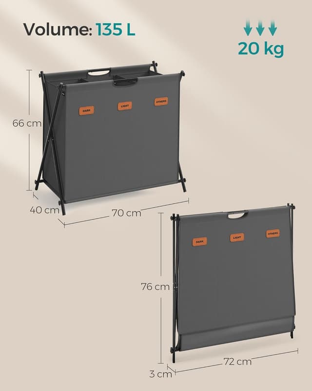 Thumbnail 6 de SONGMICS LCB130G01 cesto portabiancheria pieghevole da 135 L con 3 scomparti e etichette