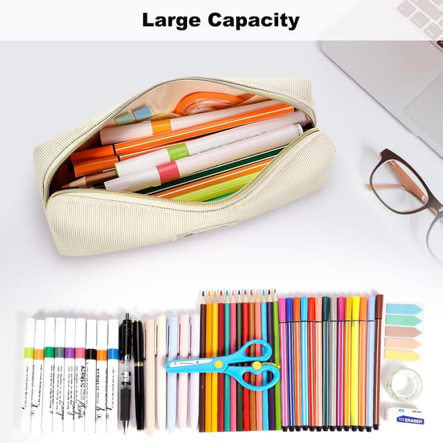 Detalle de FINPAC Trousse à crayons en velours côtelé beige, grande ouverture et poches intérieures