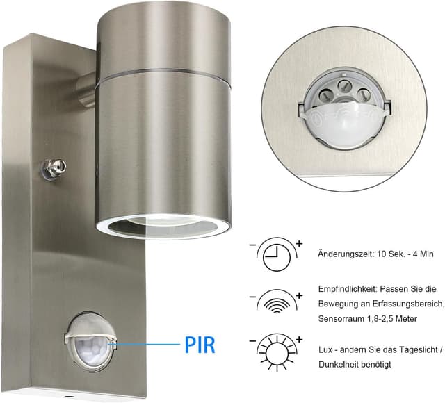 Detalle de HiBay 1x Motion Sensor Outdoor Wall Light (PIR) – IP44 stainless steel security lighting with GU10 LED