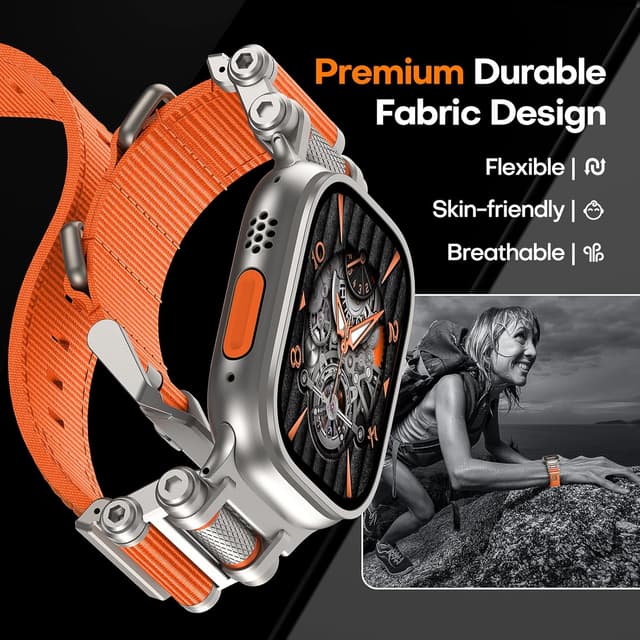 Detalle de TAURI Rugged Braided Nylon Watch Strap for Apple Watch Ultra 3/Ultra 2 (49mm) & Series 10 (46mm) – Adjustable Orange