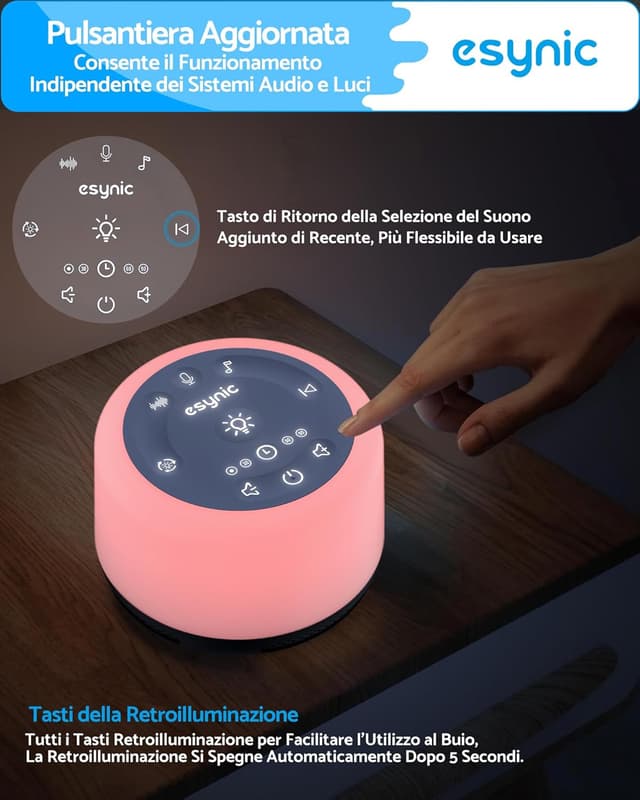 Detalle de ESYNiC Rumore Bianco per Neonato con Luce Notturna, 30 Suoni e Timer (ricaricabile, registrazione vocale) - Blu