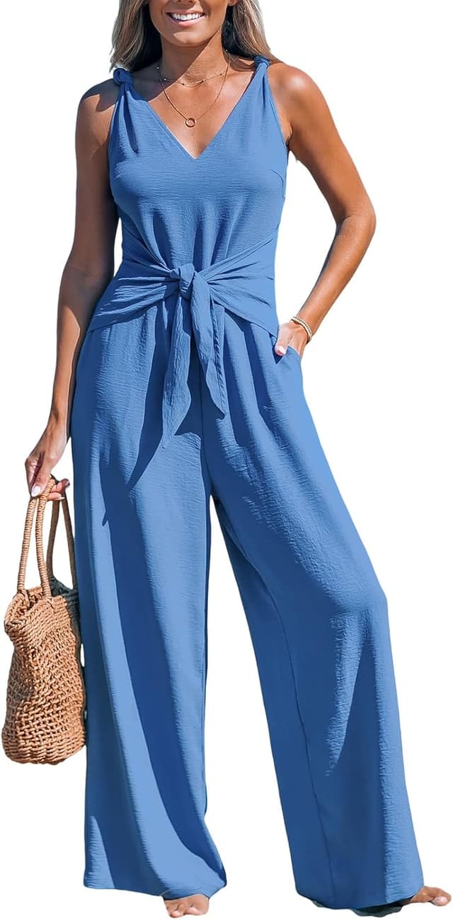 Thumbnail 6 de CUPSHE combinaison femme col en V sans manches ceinturée, jambes longues et bretelles à nœud pour l’été