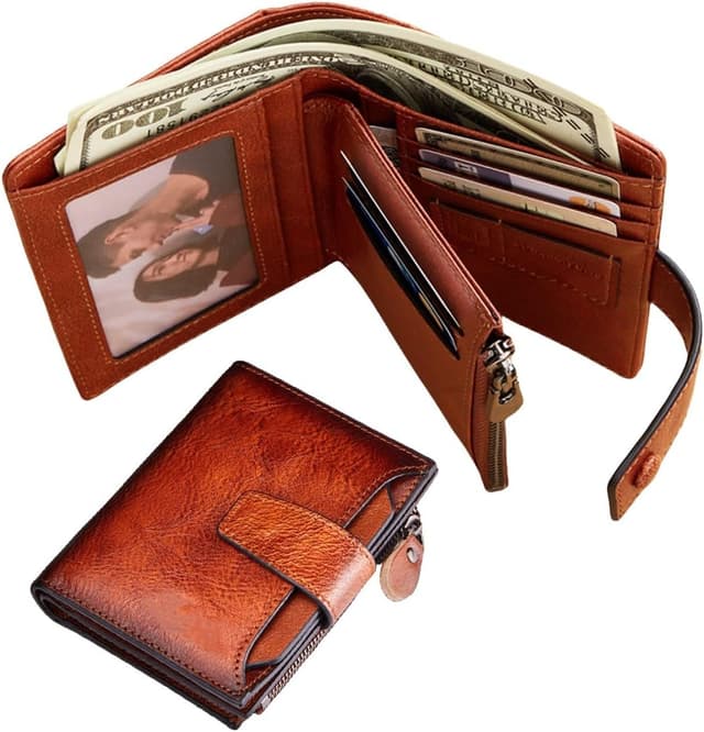 Detalle 2 de EMEBAY Portafoglio da uomo in vera pelle con RFID, portamonete e tasca con cerniera (bronzo), 13 cm