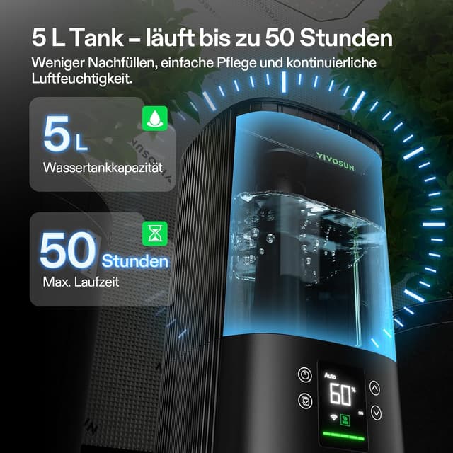 Detalle de VIVOSUN Pflanzen-Luftbefeuchter 5L Smart Humidifier AeroStream H05 (Ultraschall, 24 dB, Top-Fill) für Growzelte