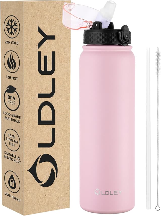 Detalle de Oldley Stainless Steel Water Bottle with Straw (1L) – Vacuum Insulated, Leakproof Sports Flask