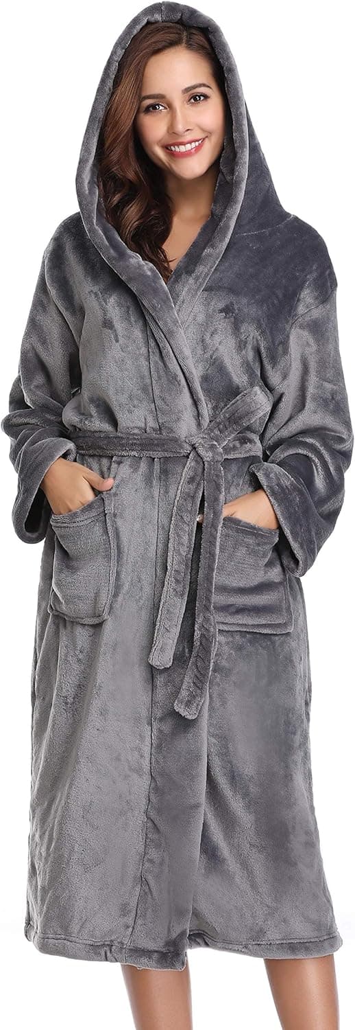 Detalle de Vlazom Peignoir polaire femme à capuche en flanelle (polyester) – robe de chambre chaude et douce