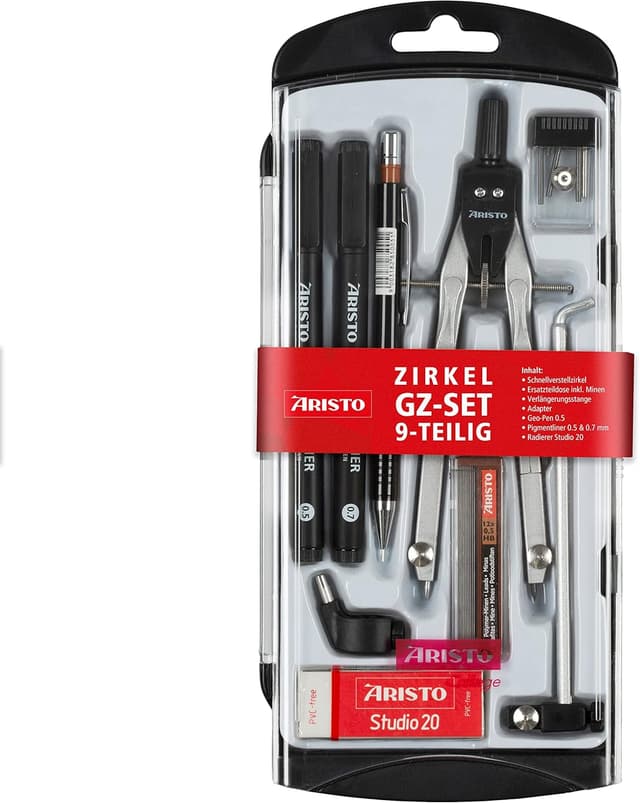 Detalle de Aristo AR80078 Schnellverstellzirkel-Schulset (9-teilig) silber-schwarz – Zirkel mit 2 Gelenken & Zubehör