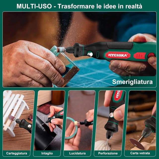 Detalle de HYCHIKA Mini Trapano 3,6V con ricarica USB-C e 77 accessori per foratura, levigatura e incisione