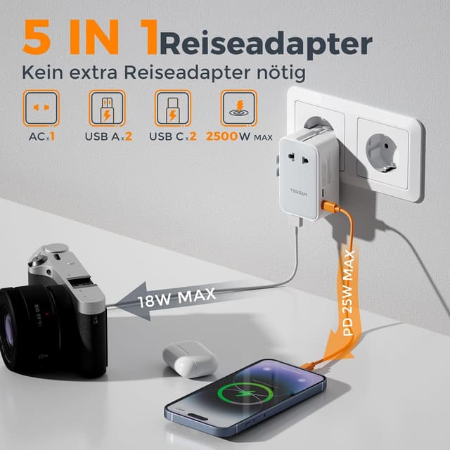 Detalle de TESSAN Reiseadapter Weltweit 25 W Universal