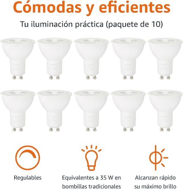 Detalle 1 de Amazon Basics Foco LED GU10 3W Blanc Cálido, 10 Uds