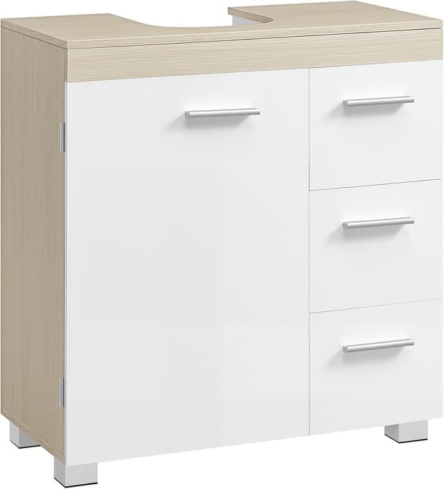 Detalle de VASAGLE Mobile sottolavabo BBK514LL01 30 x 60 x 64 cm bianco nuvola e beige naturale, con 3 cassetti laterali